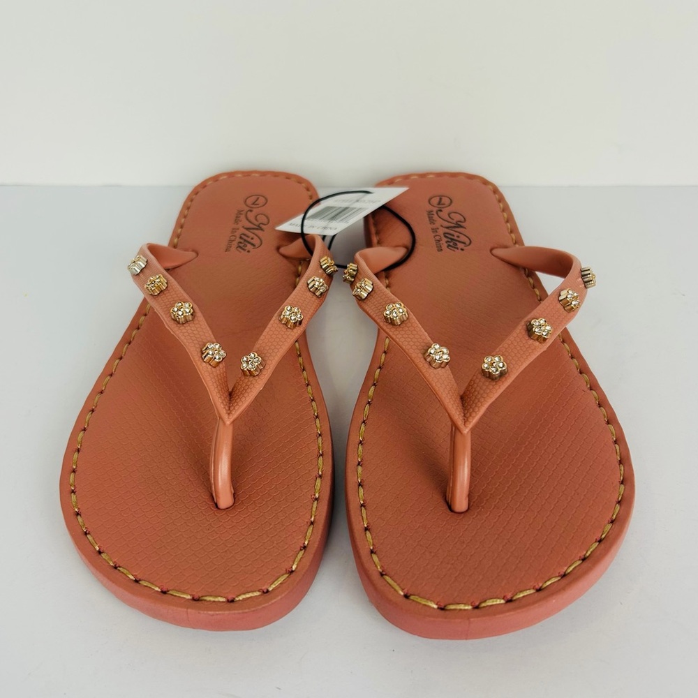 NWT Flip Flops Women's 11 Pink Rose Gold Rhinestone Cushion Rubber Sole Sandals